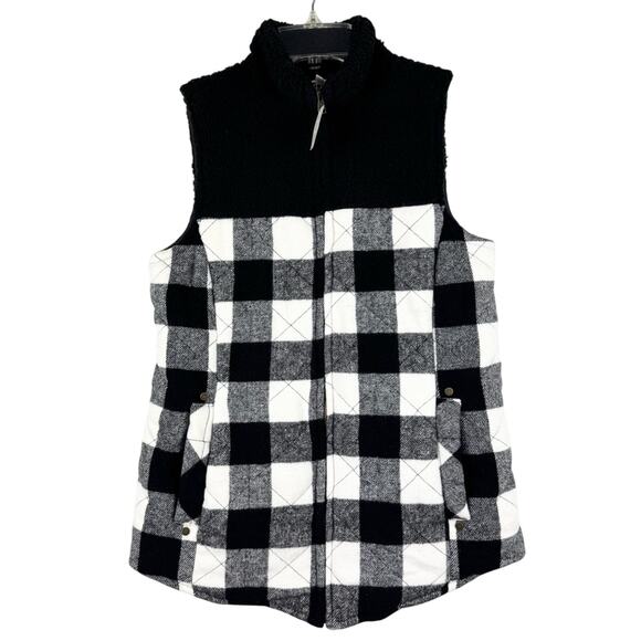 NWT Maurices Black Buffalo Plaid Sherpa Block Full Zip Vest Black/White Size XS - Picture 2 of 13